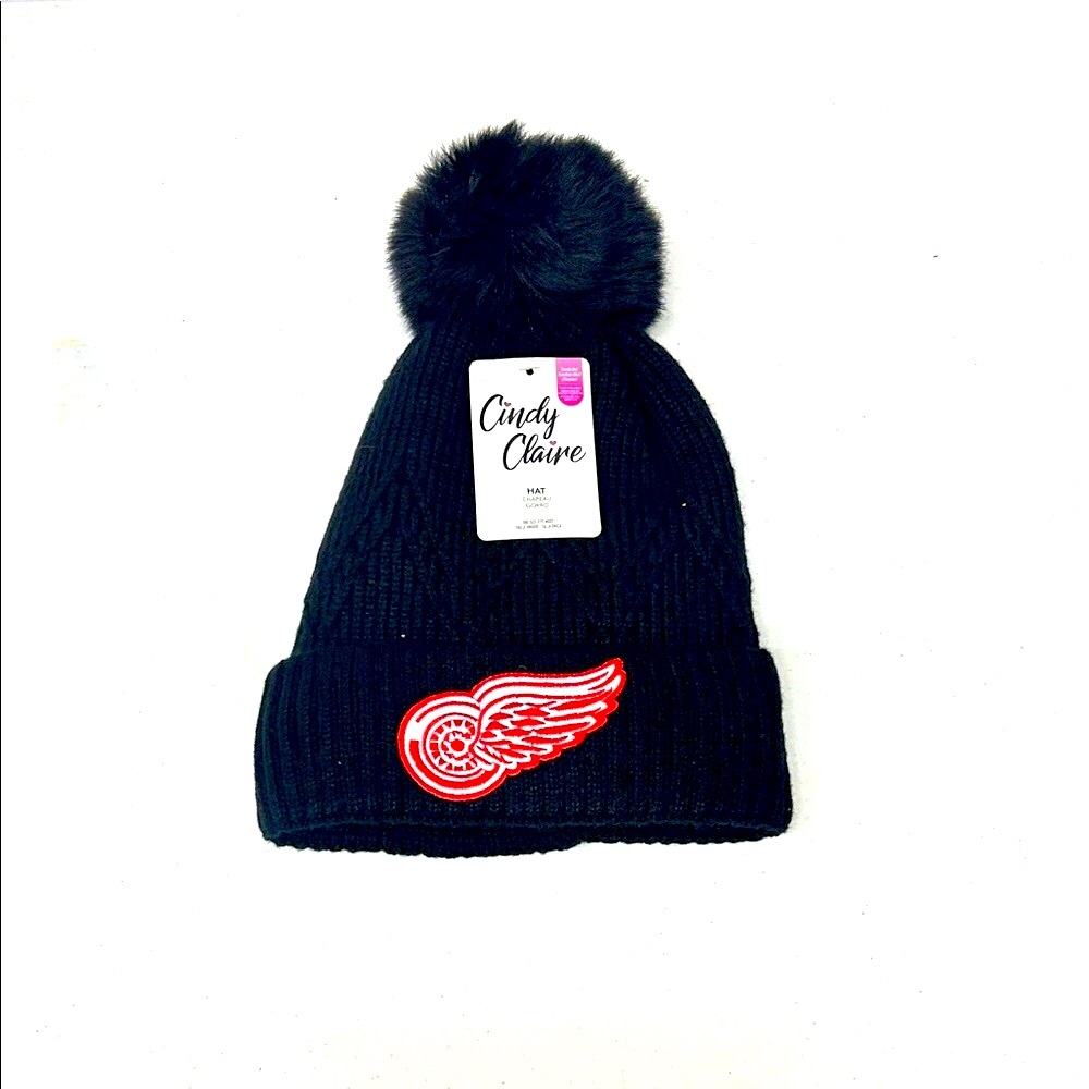 Black Pom-Pom Beanie with Red Accent